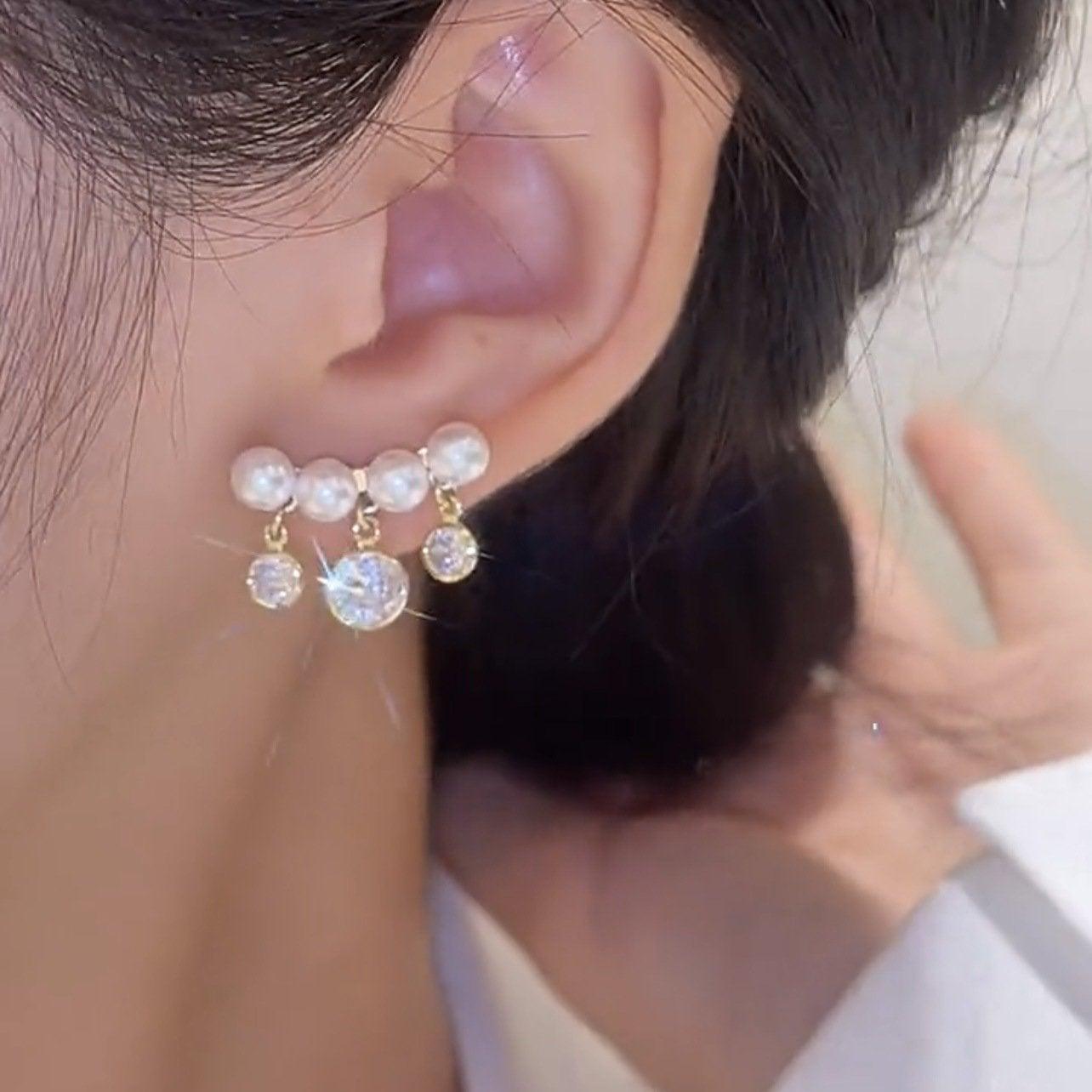 Korean Style Curved Pearl Tassel Earrings