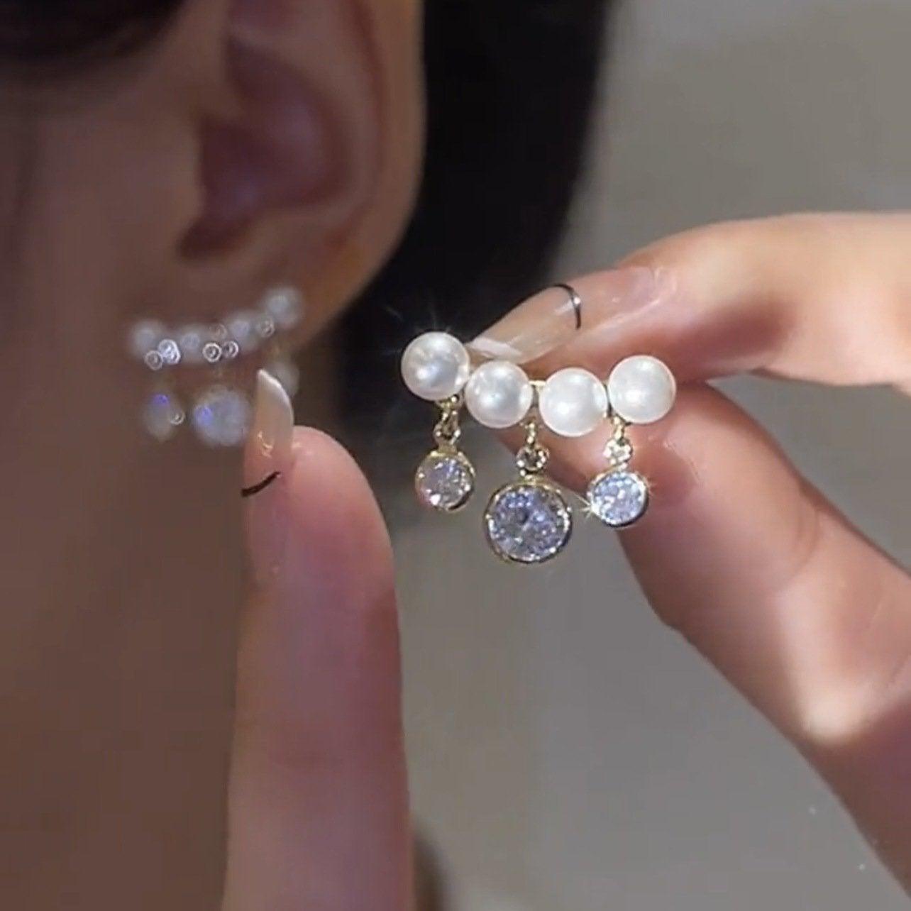 Korean Style Curved Pearl Tassel Earrings