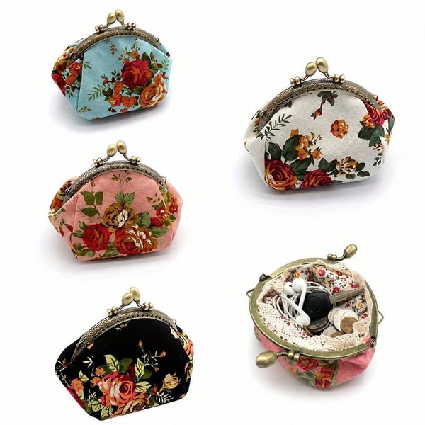 đ¸Vintage Floral Kiss Lock Coin Purse, Large Capacity Mini Wallet & Card Holder for Cards