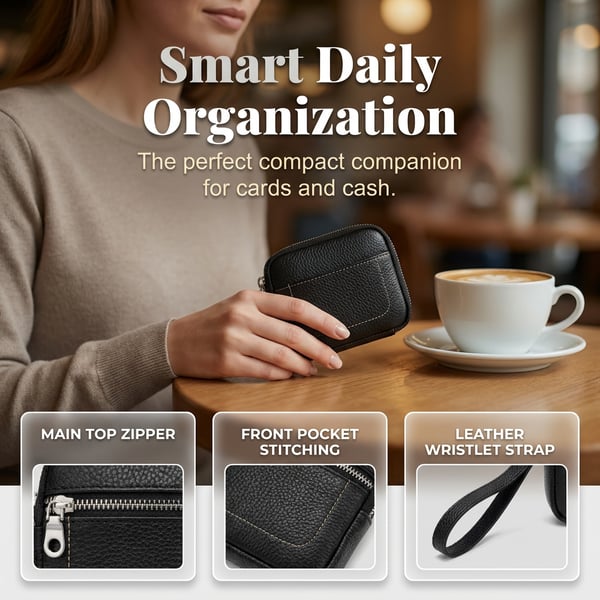 🌟 Genuine Leather Mini Square Card Wallet - Compact Zipper Coin Purse & Keychain Pouch for Men & Women