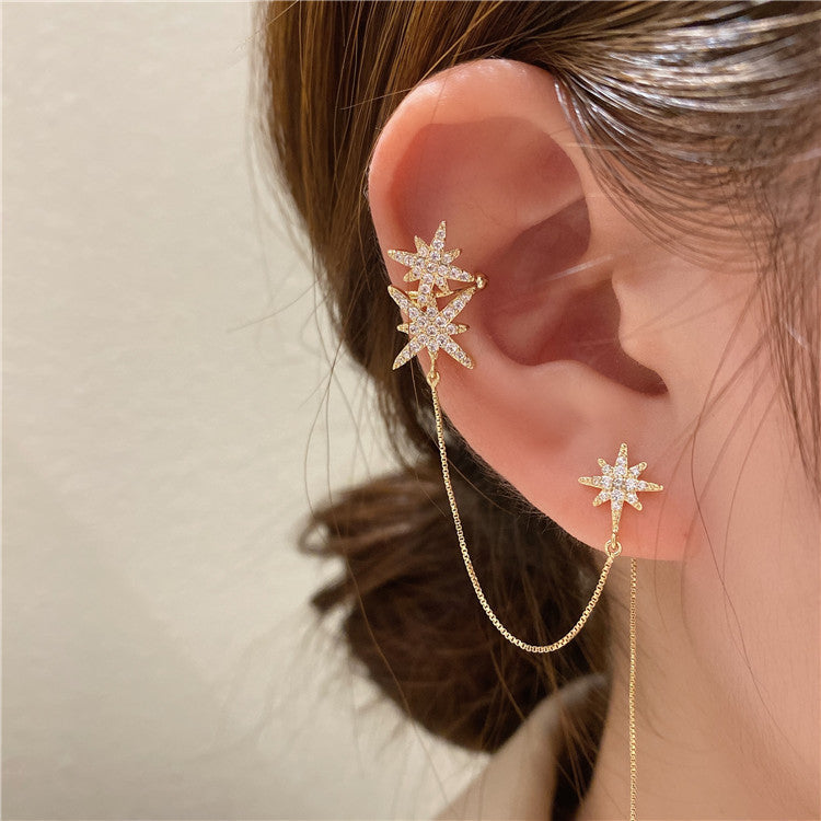 Zircon Octagon Long Chain Clip Earrings