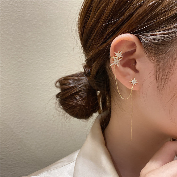 Zircon Octagon Long Chain Clip Earrings