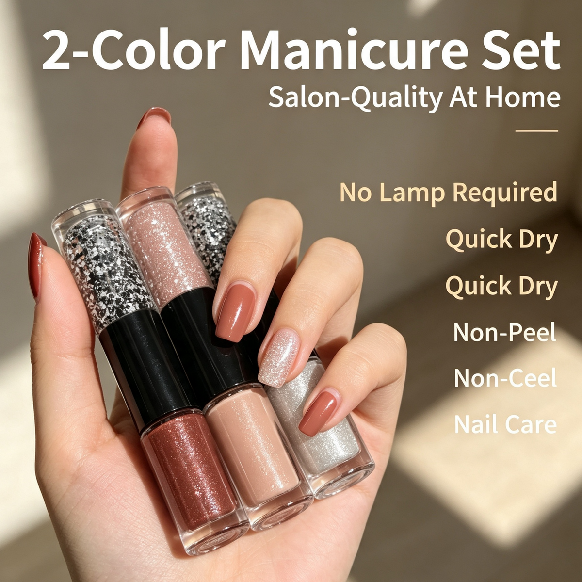 Lazy-Friendly 2-Color Oil-Based Nail Polish | No Lamp Needed, Quick Dry, Long-Lasting & Non-Peel, Brightening & Nail-Protecting
