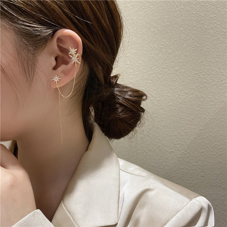 Zircon Octagon Long Chain Clip Earrings