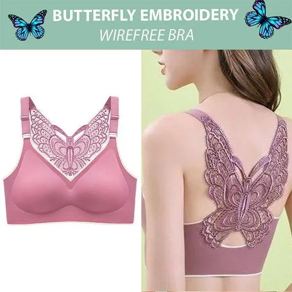 Wireless bra with butterfly embroidery