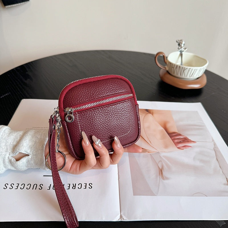 🌟 Genuine Leather Mini Square Card Wallet - Compact Zipper Coin Purse & Keychain Pouch for Men & Women
