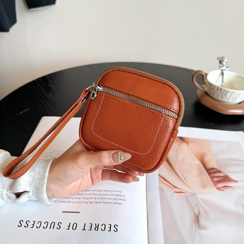 🌟 Genuine Leather Mini Square Card Wallet - Compact Zipper Coin Purse & Keychain Pouch for Men & Women