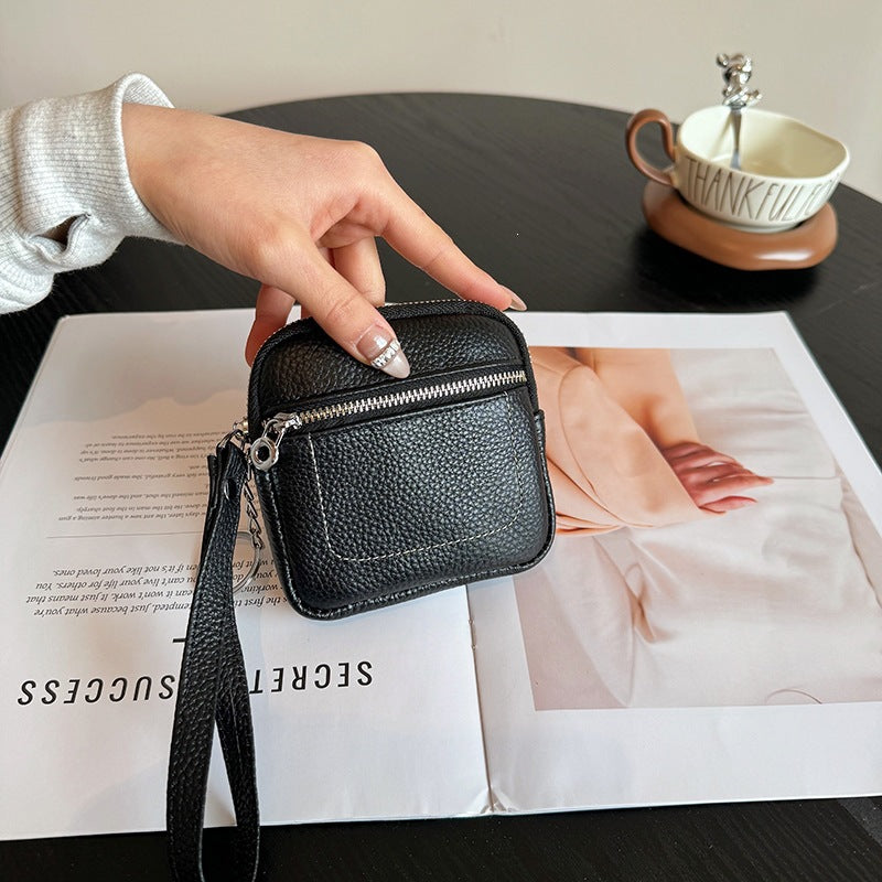 🌟 Genuine Leather Mini Square Card Wallet - Compact Zipper Coin Purse & Keychain Pouch for Men & Women