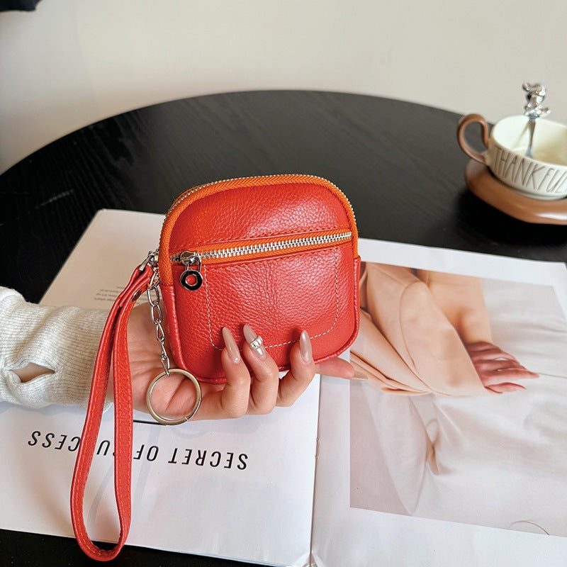🌟 Genuine Leather Mini Square Card Wallet - Compact Zipper Coin Purse & Keychain Pouch for Men & Women