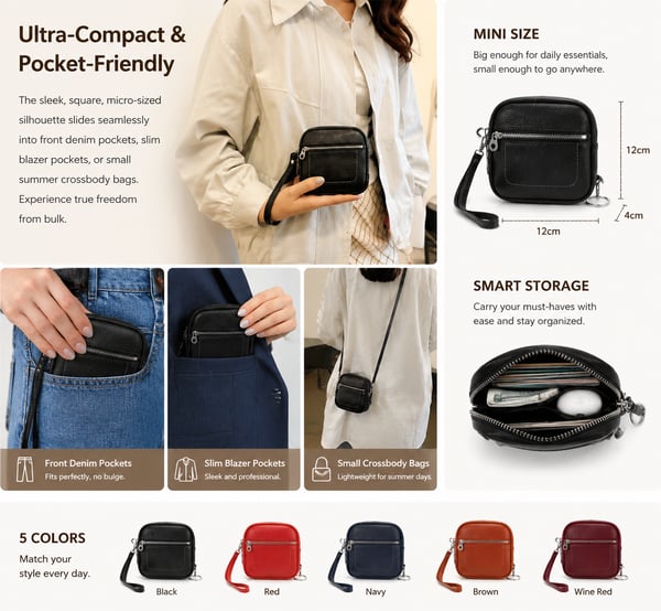 🌟 Genuine Leather Mini Square Card Wallet - Compact Zipper Coin Purse & Keychain Pouch for Men & Women
