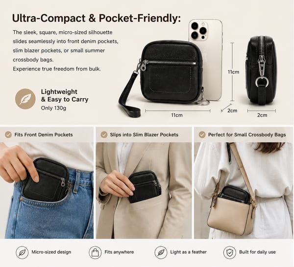 🌟 Genuine Leather Mini Square Card Wallet - Compact Zipper Coin Purse & Keychain Pouch for Men & Women