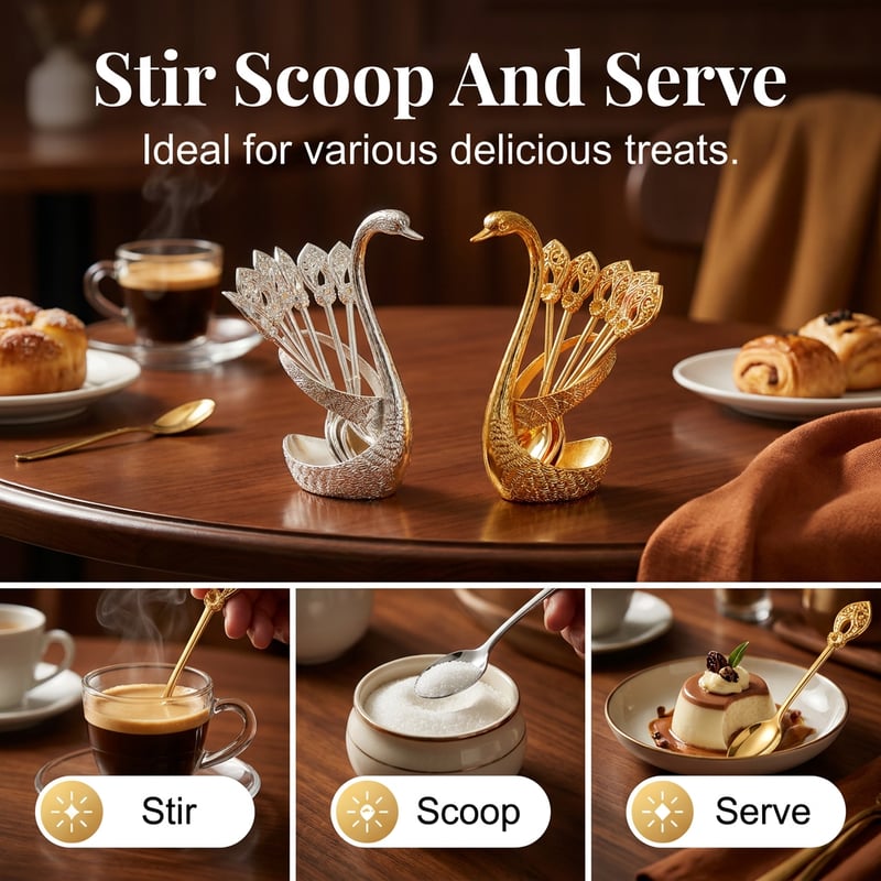 🦢 6 Stainless Steel Coffee Spoons with Elegant Swan Base