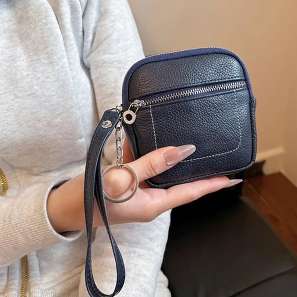 🌟 Genuine Leather Mini Square Card Wallet - Compact Zipper Coin Purse & Keychain Pouch for Men & Women